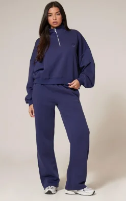 Hot PrettyLittleThing Half Zip Embroidered Sweatshirt Navy