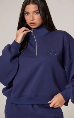 Hot PrettyLittleThing Half Zip Embroidered Sweatshirt Navy