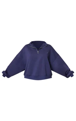 Hot PrettyLittleThing Half Zip Embroidered Sweatshirt Navy