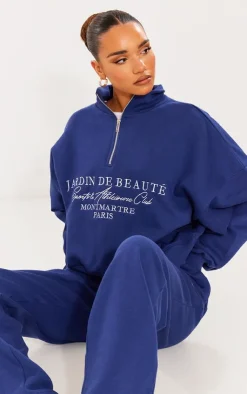 Online PrettyLittleThing Logo Embroidered Half Zip Sweatshirt Navy