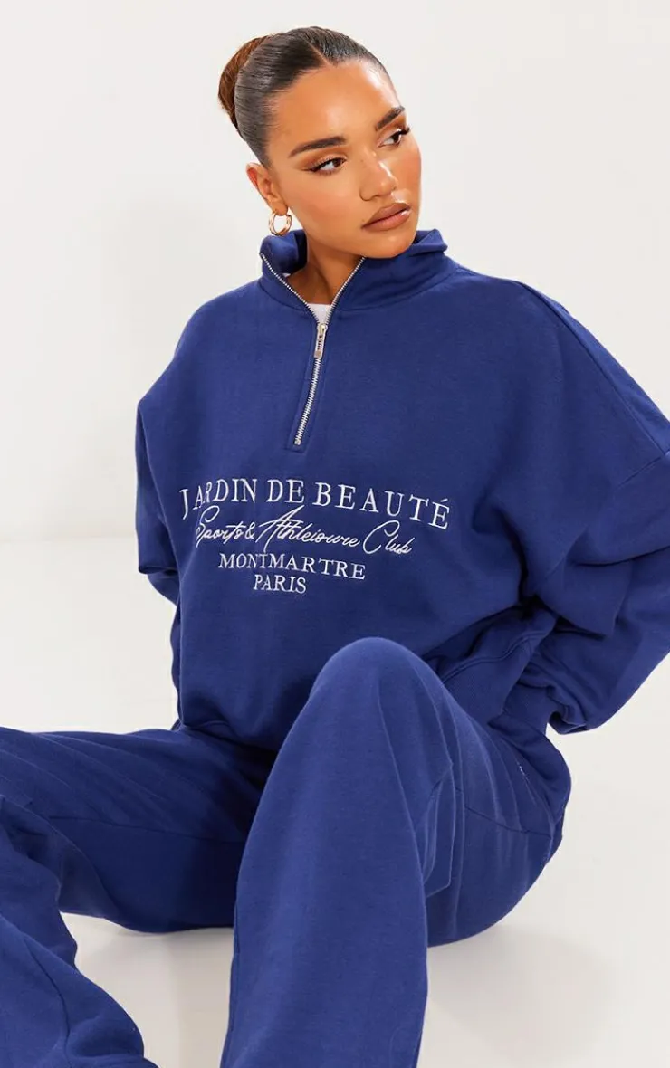Online PrettyLittleThing Logo Embroidered Half Zip Sweatshirt Navy