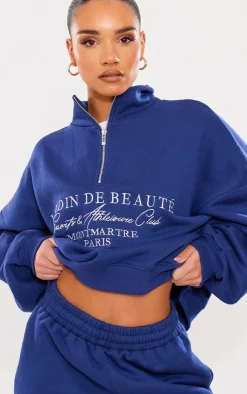 Online PrettyLittleThing Logo Embroidered Half Zip Sweatshirt Navy