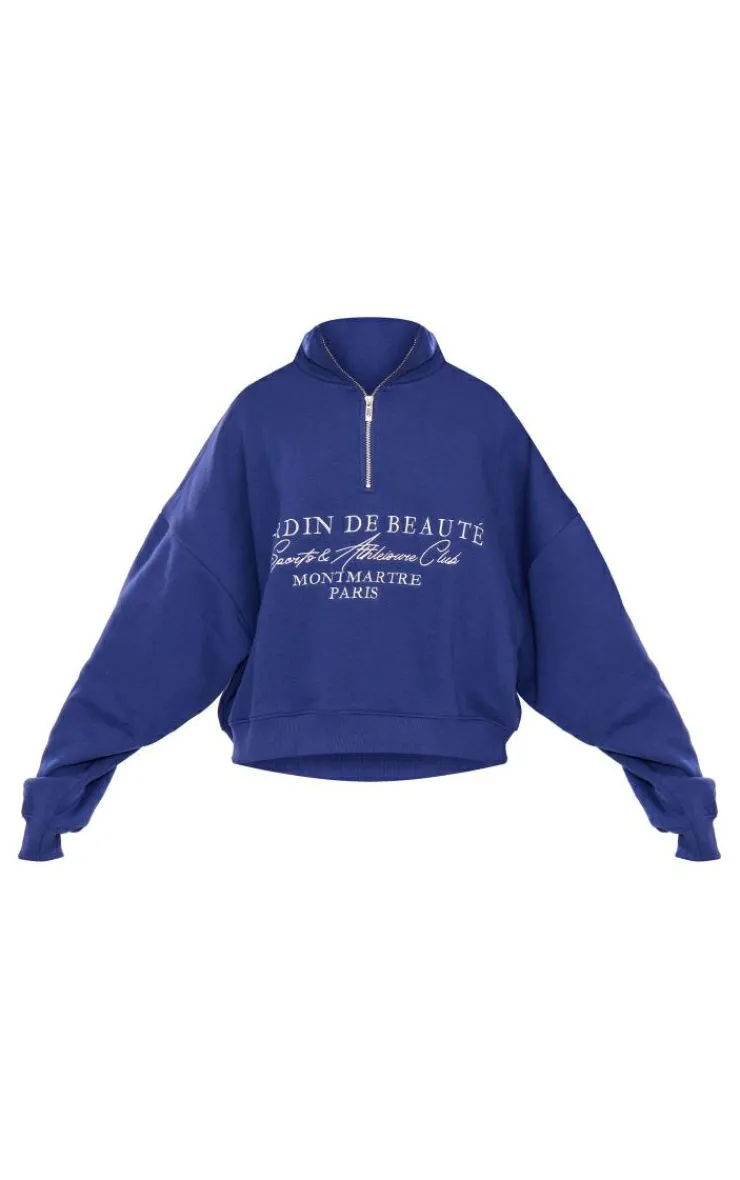 Online PrettyLittleThing Logo Embroidered Half Zip Sweatshirt Navy