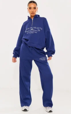 New PrettyLittleThing Logo Embroidered Wide Leg Sweatpants Navy