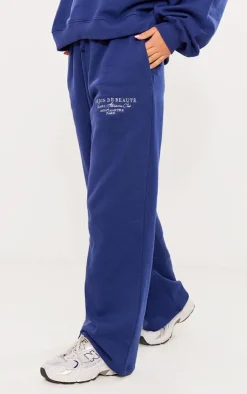 New PrettyLittleThing Logo Embroidered Wide Leg Sweatpants Navy