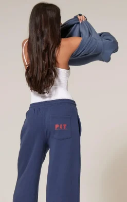 PRETTYLITTLETHING Navy Printed Back Pocket Wide Leg Sweatpants