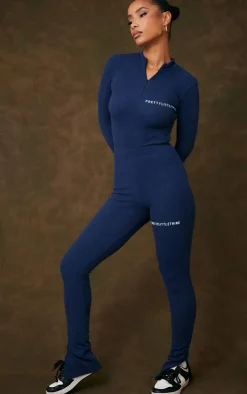 Online PrettyLittleThing Rib Split Hem Leggings Navy