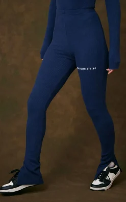 Online PrettyLittleThing Rib Split Hem Leggings Navy
