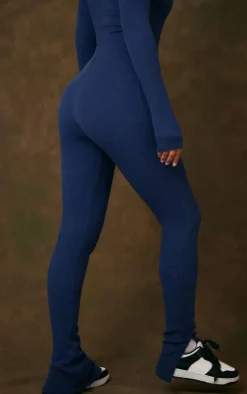 Online PrettyLittleThing Rib Split Hem Leggings Navy