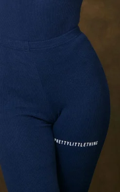 Online PrettyLittleThing Rib Split Hem Leggings Navy