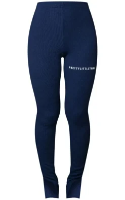 Online PrettyLittleThing Rib Split Hem Leggings Navy