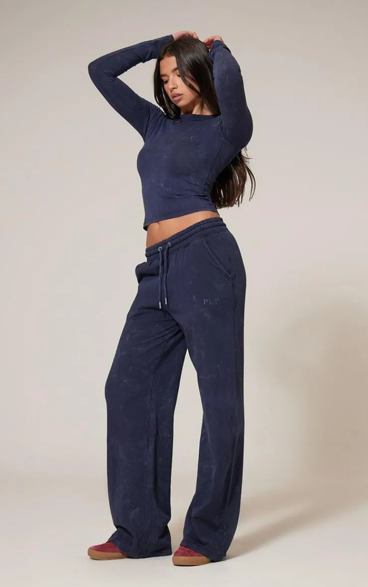 PrettyLittleThing Washed Low Rise Oversized Wide Leg Sweatpants Navy
