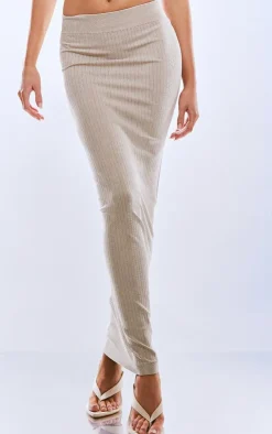 Clearance PrettyLittleThing Oatmeal Washed Snatched Rib Low Rise Midaxi Skirt Cream