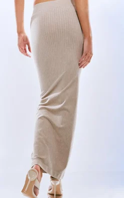 Clearance PrettyLittleThing Oatmeal Washed Snatched Rib Low Rise Midaxi Skirt Cream