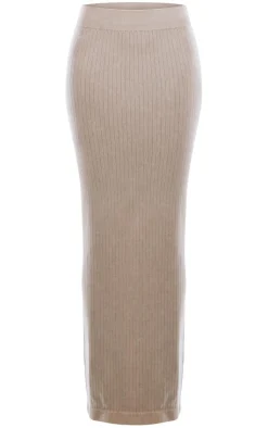 Clearance PrettyLittleThing Oatmeal Washed Snatched Rib Low Rise Midaxi Skirt Cream
