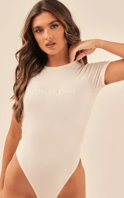 Best PrettyLittleThing Logo Short Sleeved Bodysuit Off White