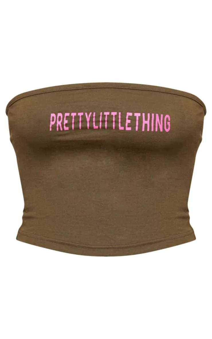 Discount PrettyLittleThing Branded Cotton Bandeau Longline Top Olive Khaki