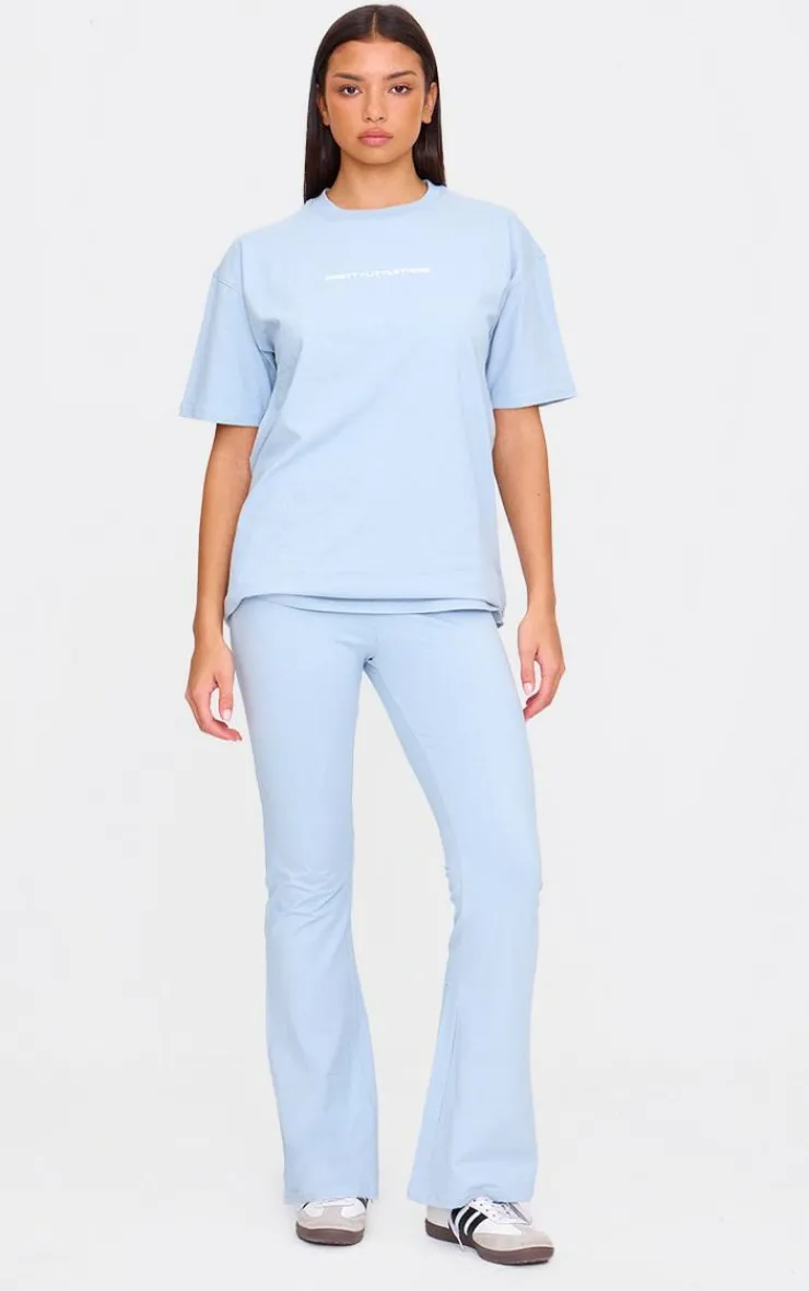 Discount PrettyLittleThing Printed Flared Pants Pale Blue