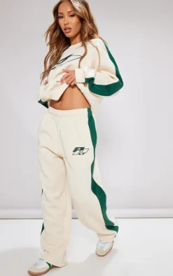 Clearance PrettyLittleThing Petite Embroidered Side Panel Straight Leg Sweatpants Cream