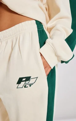 Clearance PrettyLittleThing Petite Embroidered Side Panel Straight Leg Sweatpants Cream