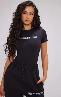 Hot PrettyLittleThing Petite Logo Short Sleeve Bodysuit Black