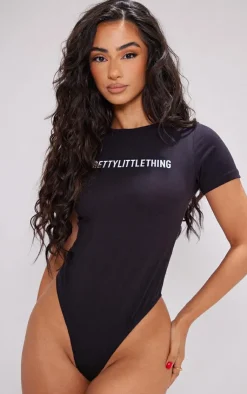 Hot PrettyLittleThing Petite Logo Short Sleeve Bodysuit Black