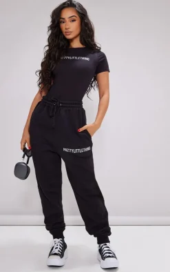 Hot PrettyLittleThing Petite Logo Short Sleeve Bodysuit Black
