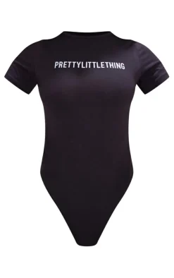 Hot PrettyLittleThing Petite Logo Short Sleeve Bodysuit Black