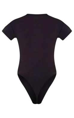Hot PrettyLittleThing Petite Logo Short Sleeve Bodysuit Black