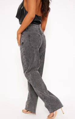 PRETTYLITTLETHING Petite Washed Grey Long Leg Straight Jeans