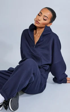 Online PrettyLittleThing Petite Oversized Half Zip Sweat Navy
