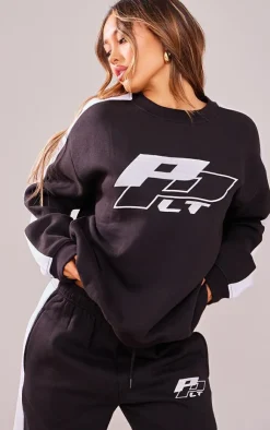 New PrettyLittleThing Petite Embroidered Side Panel Oversized Sweatshirt Black