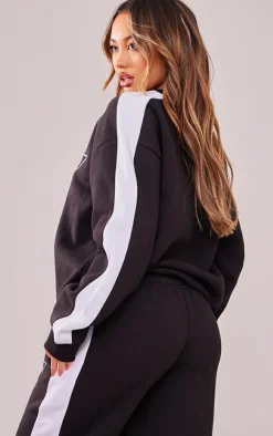 New PrettyLittleThing Petite Embroidered Side Panel Oversized Sweatshirt Black