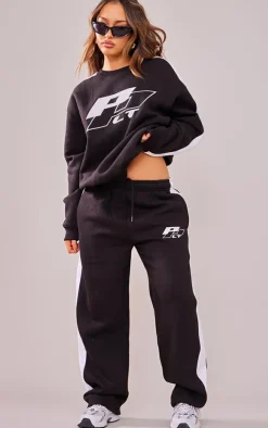 New PrettyLittleThing Petite Embroidered Side Panel Oversized Sweatshirt Black