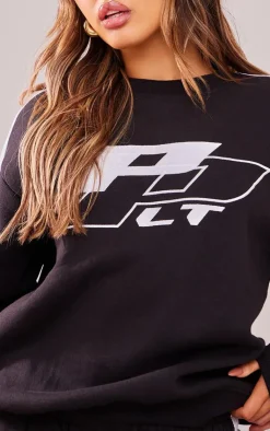 New PrettyLittleThing Petite Embroidered Side Panel Oversized Sweatshirt Black