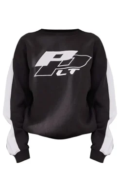 New PrettyLittleThing Petite Embroidered Side Panel Oversized Sweatshirt Black