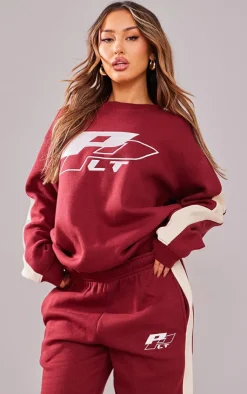 New PrettyLittleThing Petite Embroidered Panel Oversized Sweatshirt Burgundy