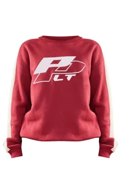 New PrettyLittleThing Petite Embroidered Panel Oversized Sweatshirt Burgundy