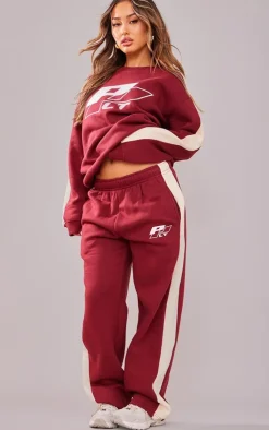 New PrettyLittleThing Petite Embroidered Panel Straight Leg Sweatpants Burgundy