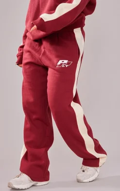 New PrettyLittleThing Petite Embroidered Panel Straight Leg Sweatpants Burgundy