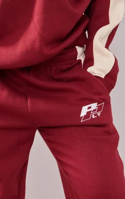 New PrettyLittleThing Petite Embroidered Panel Straight Leg Sweatpants Burgundy