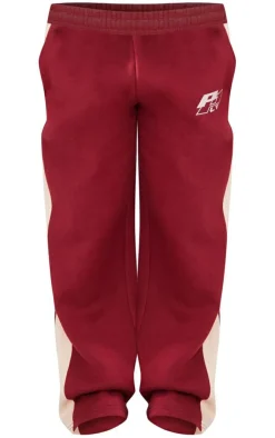New PrettyLittleThing Petite Embroidered Panel Straight Leg Sweatpants Burgundy