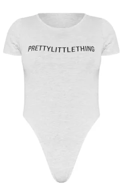 Hot PrettyLittleThing Petite Logo Short Sleeve Bodysuit Ash Grey