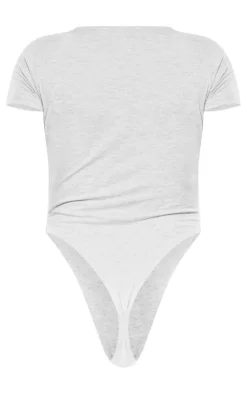 Hot PrettyLittleThing Petite Logo Short Sleeve Bodysuit Ash Grey