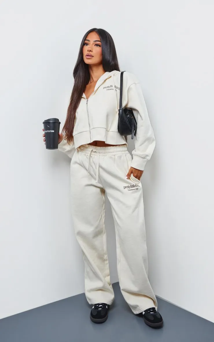 Clearance PrettyLittleThing Petite Premium Print Wide Leg Sweatpants Cream
