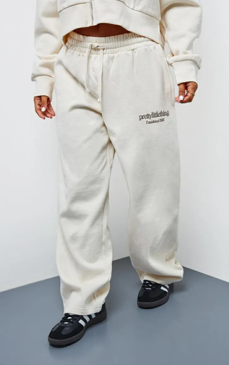 Clearance PrettyLittleThing Petite Premium Print Wide Leg Sweatpants Cream
