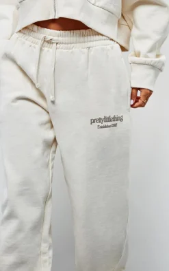 Clearance PrettyLittleThing Petite Premium Print Wide Leg Sweatpants Cream