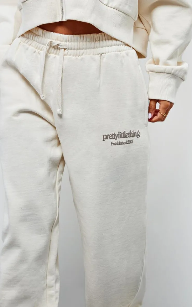 Clearance PrettyLittleThing Petite Premium Print Wide Leg Sweatpants Cream