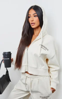 PrettyLittleThing Petite Premium Print Zip Front Hoodie Cream