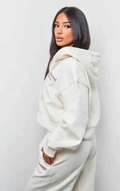 PrettyLittleThing Petite Premium Print Zip Front Hoodie Cream
